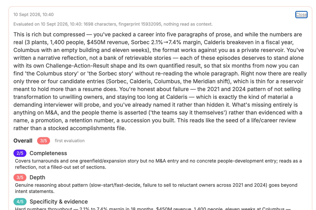 The AI assistant's scored evaluation of the draft, with written feedback